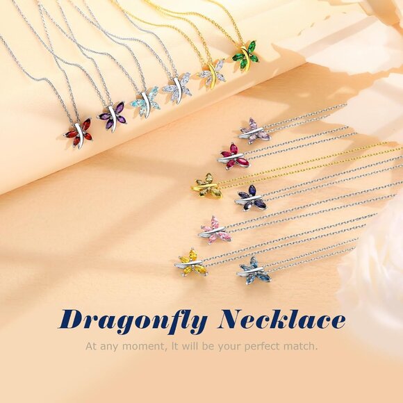 Dainty Sterling Silver Gold Plated Birthstone Necklace Women Dragonfly Pendant 1 - Picture 7 of 8